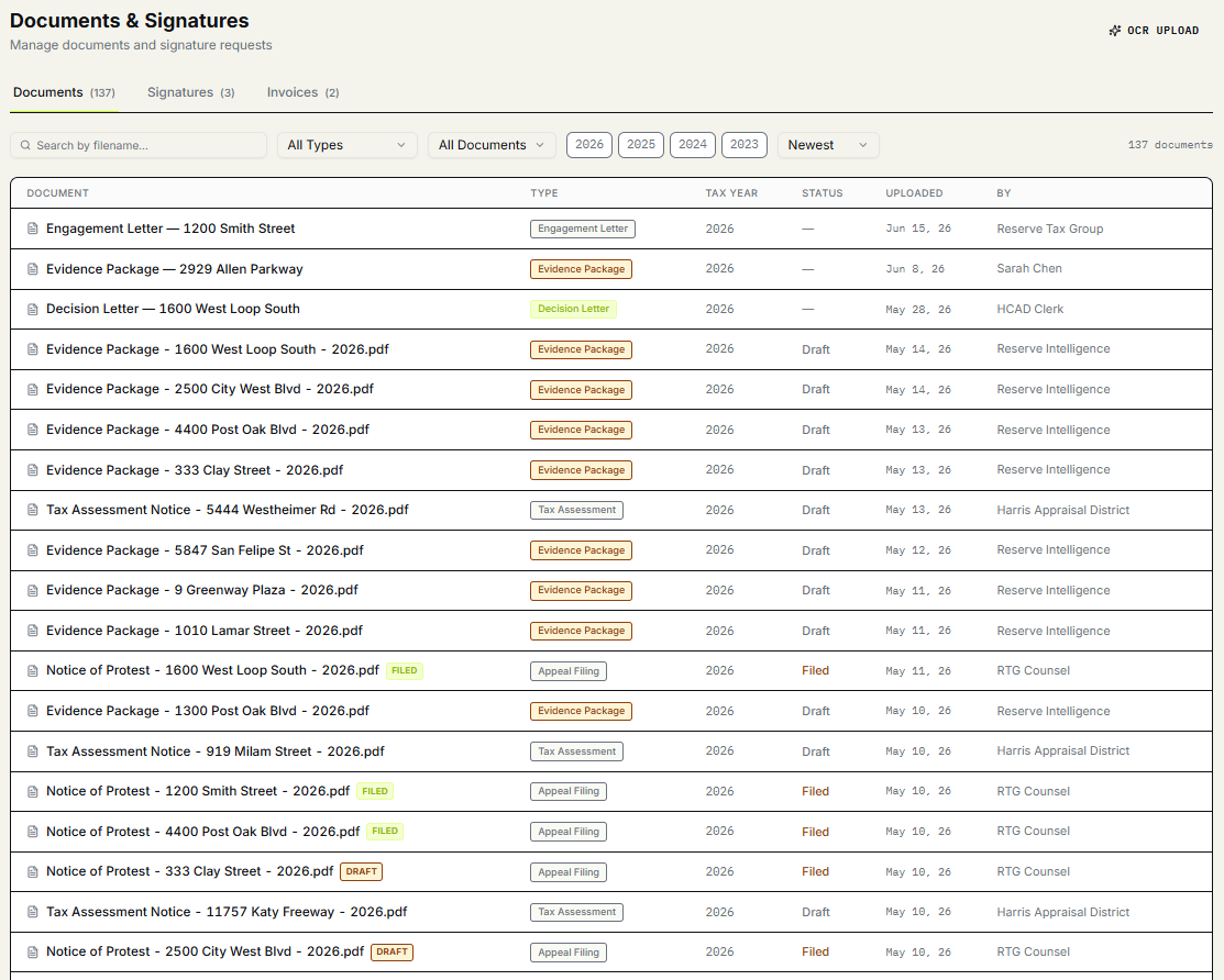 Documents and signatures workspace with evidence packages, notices of protest, and tax assessment notices