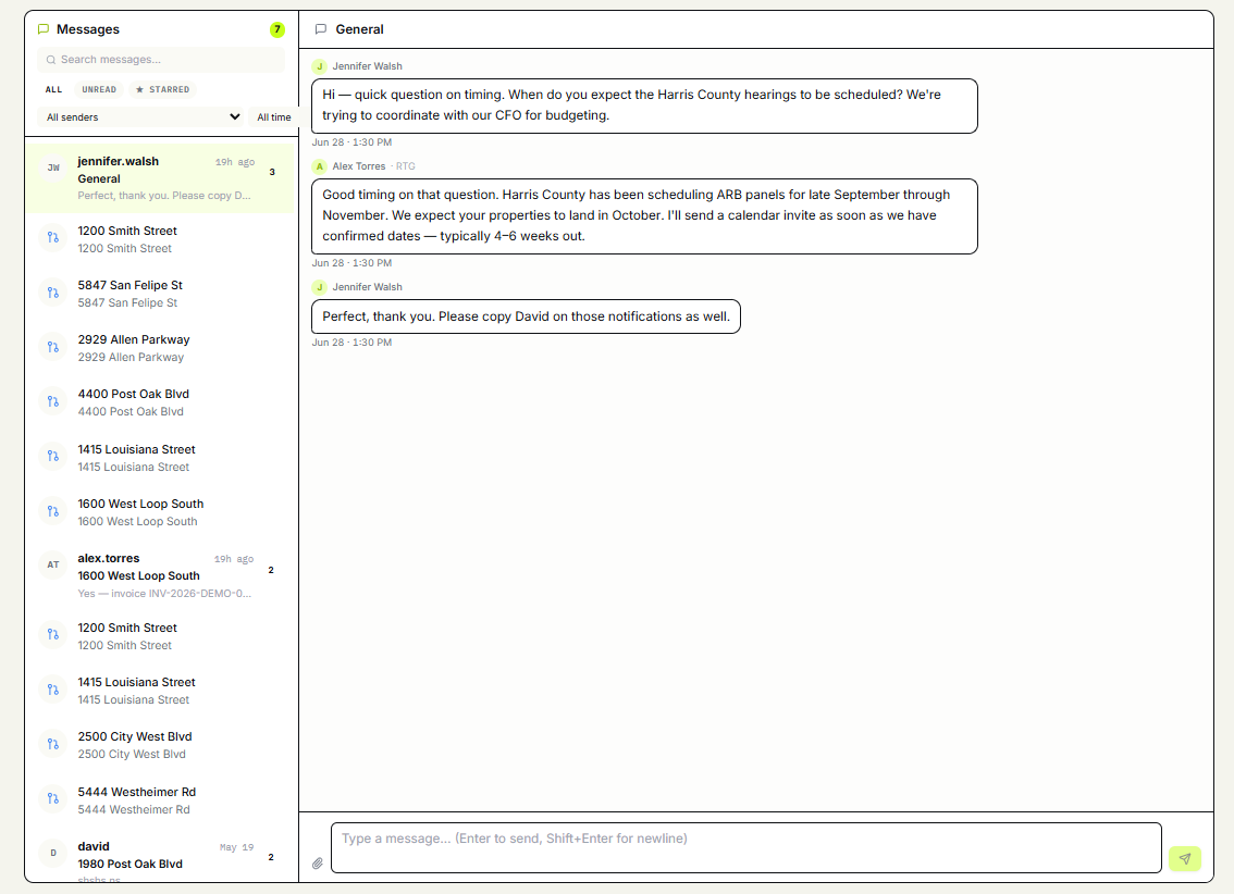 Messages dashboard with counsel