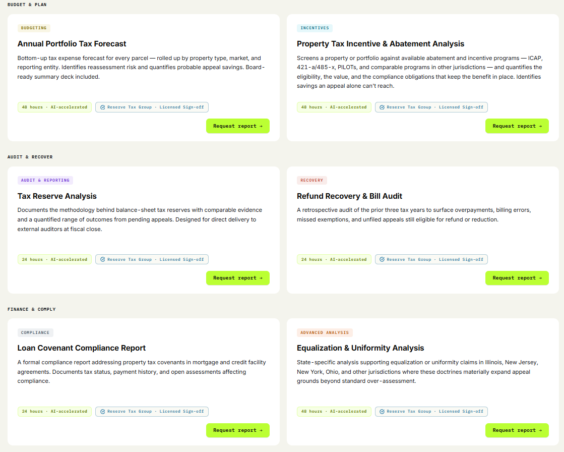 Report catalog - budgeting, incentives, audit, and recovery reports each with delivery time and licensed sign-off